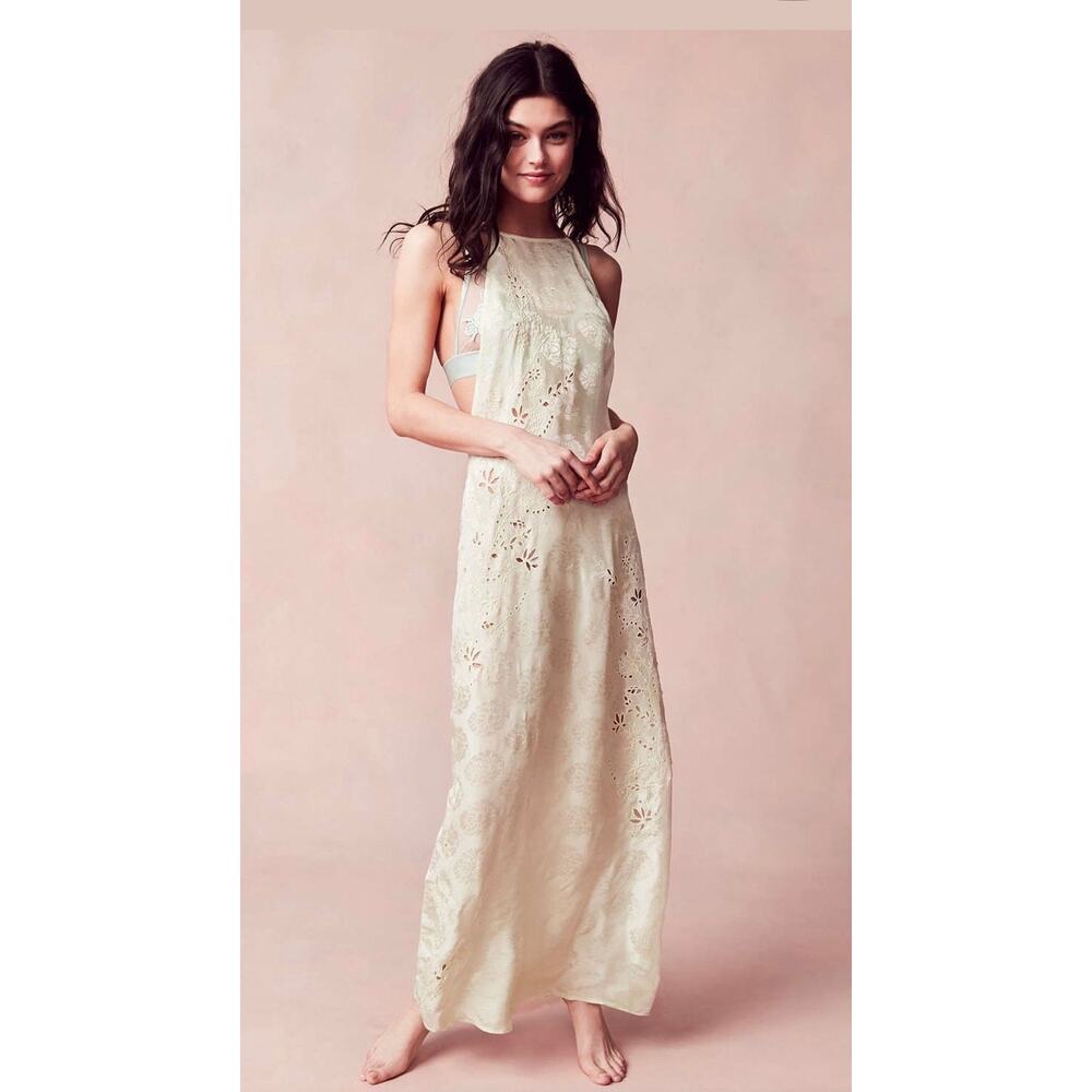 Out From Under‎ Robyn Eyelet Maxi Slip Dress XS Yellow Ethereal Embroidered